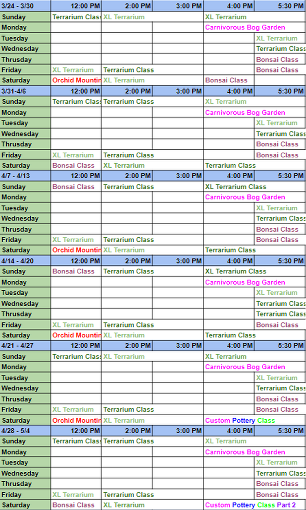 Schedule of all our plant related classes